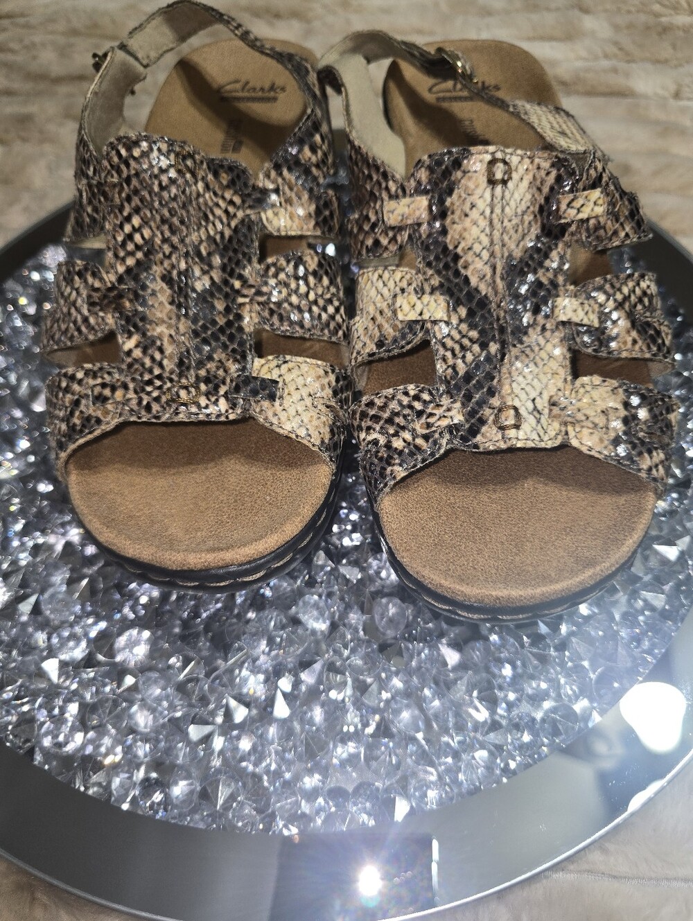 Clarks Women's Snake-Print Comfort Sandals in Beige